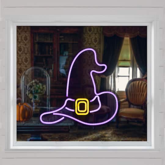15" Purple LED Neon Style Witch Hat Halloween Window Silhouette